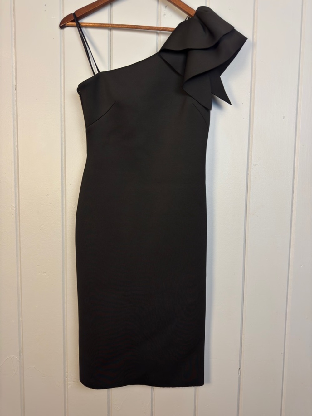 Eliza J Black One Shoulder Scuba Cocktail Dress Size 8 Event Dramatic LBD Ruffle